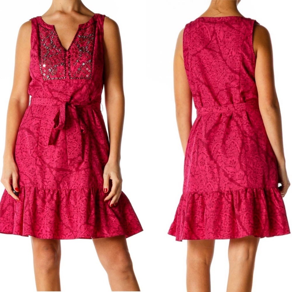 WHBM Sleeveless Printed Magenta Dress